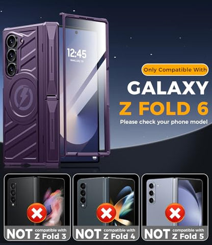 Magnetic for Galaxy Z-Fold-6 Case: Heavy Duty Armor Phone Case [Compatible with MagSafe][Hinge Protection][Dual Kickstand] Shockproof TPU+PC Cover for zfold 6 5G 2024 Purple - color: Purple