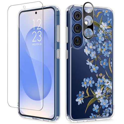 GVIEWIN for Samsung Galaxy S25 Plus Case, Clear Floral Slim Shockproof Protective Women Phone Case, Non-Yellowing, with Screen Protector & Camera Lens Protector for S25 Plus 6.7", Aconite/Blue - color: Aconite/Blue, size: For Galaxy S25 Plus 6.7"