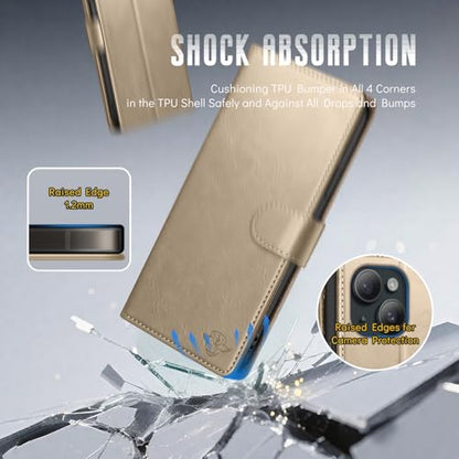 Wallet Case for iPhone 15 6.1", Golden | RFID-Blocking Card Holder, Kickstand, Magnetic Closure, PU Leather Folio Flip Cover, Protective Women Men Cases - color: Golden, size: iPhone 15
