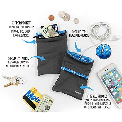Sprigs Wrist Wallet Running Wristband Pocket for Keys Cards Cash ID Phone - color: Gray / Blue Melange