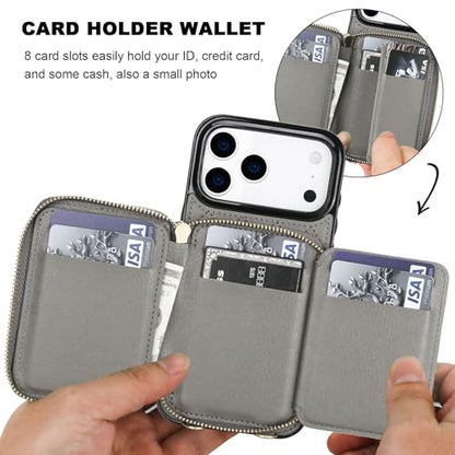 Bocasal Crossbody Wallet Case Card Holder for iPhone 17 Pro Max Grey | RFID Blocking PU Leather Zipper Handbag Purse, Kickstand Flip Folio Case with Card Slots Holder Wrist Strap Lanyard 6.9 Inch - color: Gray