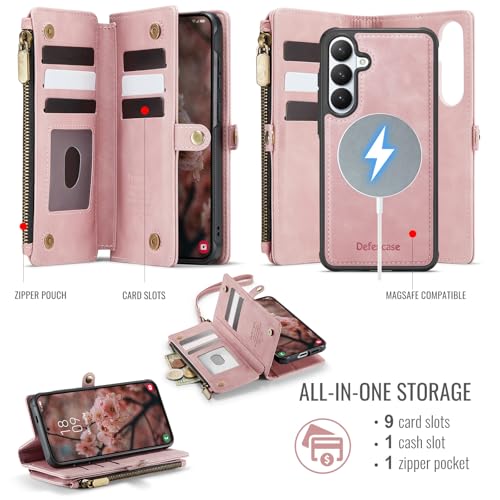 Defencase for Galaxy S26 Case Wallet Compatible with Magsafe 6.3", Rosepink | Magnetic Detachable, with RFID Bolcking Card Holder, Zipper Strap, PU Leather Drop-Proof Phone Cover for Samsung Galaxy S26 - color: (Detachable with Magsafe)-Pink