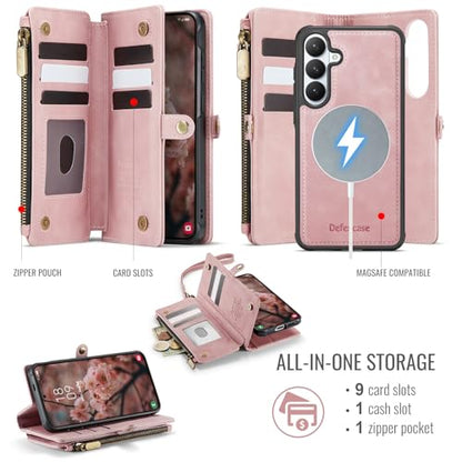 Defencase for Galaxy S26 Case Wallet Compatible with Magsafe 6.3", Rosepink | Magnetic Detachable, with RFID Bolcking Card Holder, Zipper Strap, PU Leather Drop-Proof Phone Cover for Samsung Galaxy S26 - color: (Detachable with Magsafe)-Pink