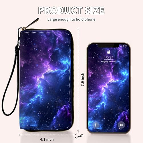 Ladies Wallet,Clutch Purses for Women Wallets Leather Credit Card Holder for Women Wristlet Slim Small Cute with Zipper,Thin RFID Blocking with Wrist Strap,Blue Purple Galaxy - color: Blue Purple Galaxy