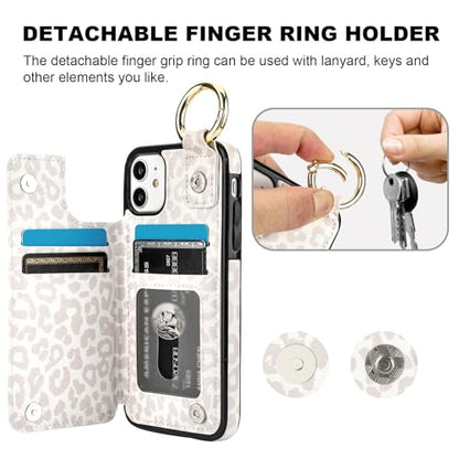 HAOPINSH for iPhone 11 Wallet Case with Card Holder, White Leopard Cheetah Print Back Flip Folio PU Leather Kickstand Card Slots Case, Finger Grip Ring Double Magnetic Clasp Shockproof 6.1" - color: White Leopard Grip Ring