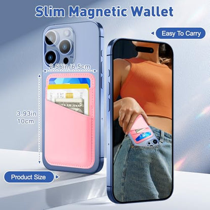 SHANSHUI Magnetic Phone Wallet Compatible with Magsafe, Durble Leather Credit Card Holder for Back of Phone Compatible with iPhone 17/16/15/14/13/12 Series - color: Pink