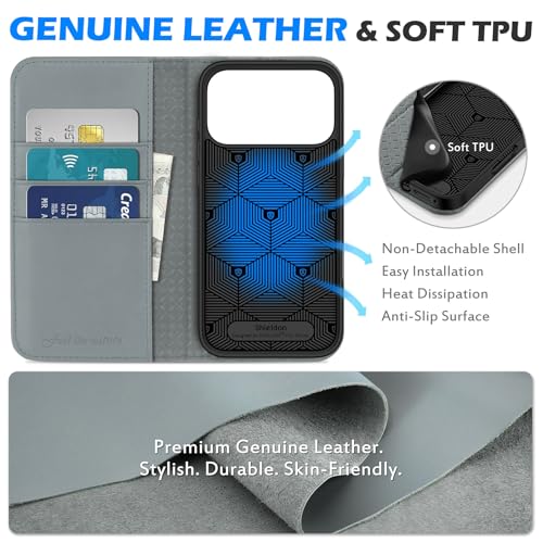 SHIELDON Real Leather Magnetic Case Wallet for iPhone 17 Pro Max 6.9", Gray | Flip, Magnetic Closure, RFID Blocking 3 Card Holder, Kickstand, Full Protection, Shock Absorbing Protective Cover - color: Gray