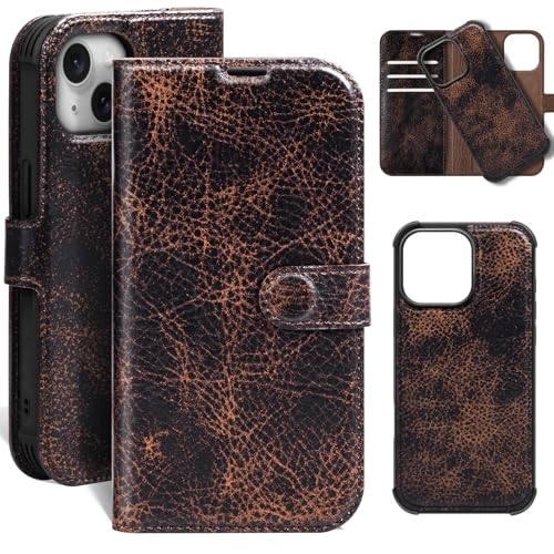 Leather Case Compatible with iPhone 15 Wallet 6.1" | Genuine Leather 2-in-1 Magnetic Detachable Shockproof,Flip Folio Cover with Card Slot,RFID Blocking Brown Coffee - color: Brown Coffee, size: 15