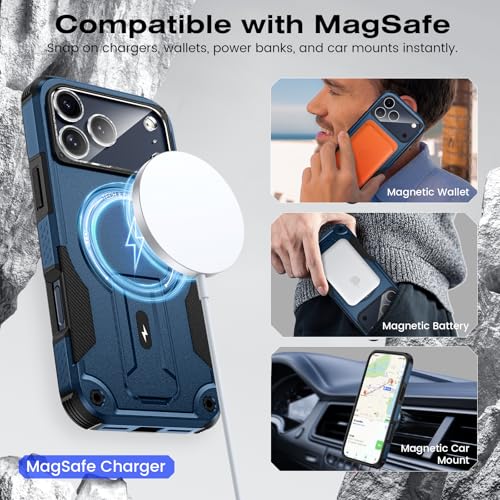 Caka 4-in-1 for iPhone 17 Pro Max Case with Belt Clip Holster and Stand | HD Glass Screen & Camera Lens Protector, Compatible with MagSafe, Hidden Kickstand, Rugged Heavy Duty Shockproof Phone Cover - color: Blue