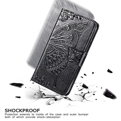 for iPhone 12 Pro/iPhone 12 Wallet Case,Women Flip Folio Cover with Butterfly Embossed PU Leather Kickstand Credit Card Holder Slots Wrist Strap for iPhone 12/12 Pro 6.1 inch (Black) - color: Black