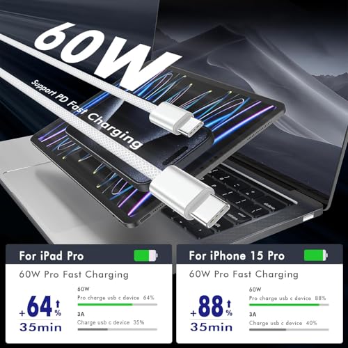 USB C Cable 6FT, 2-Pack Braided USB C Charging Cable - color: White, size: 6FT+6FT