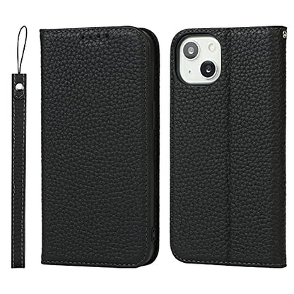 iCoverCase Compatible with iPhone 13 Wallet Case with Credit Card Holder and Wrist Strap, RFID Blocking Genuine Leather Flip Magnetic Phone Cover 6.1 Inch (All Black) - color: 1-All Black (No Headphone Storage Belt), size: iPhone 13