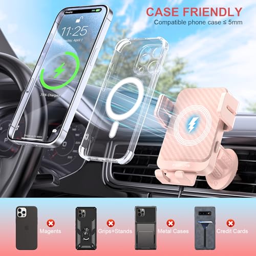 Wireless Car Charger 15W Fast Charging Auto-Clamping Air Vent Phone Mount - color: Pink