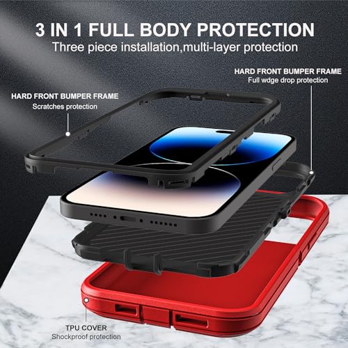 YKHJKLEC for iPhone 14 Pro Case, Military Grade 3 in 1 Heavy Duty Shockproof/Drop Proof/Dust Proof Case with 2Pcs Tempered Glass Screen Protector (Red/Black) - color: Red/Black