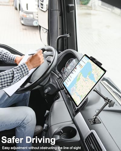 Drill Base Tablet Mount for Truck - [Metal Long Arm] Heavy Duty Truck Tablet Holder Dashboard Car Mount for Commercial Vehicles, Semi Trucks, for 4.7-13" iPad Pro, Air, Mini, Galaxy Tab, Z Fold