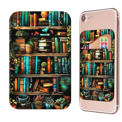 Phone Credit Card Holder Stick on, Phone Case Wallet, Cell Phone Pocket Self Adhesive Stretchy Lycra Stick on Wallet ID Credit Card Case Pouch Sleeve for All Smartphones, Library Books - color: Phone Case Wallet-612