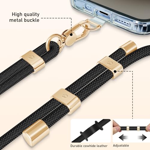 UKON Cell Phone Lanyard,Crossbody Lanyard and Wrist Strap Premium Metal Buckle Phone Charms with 2 X Phone Patch Compatible with All Smartphone(Black) - color: Black