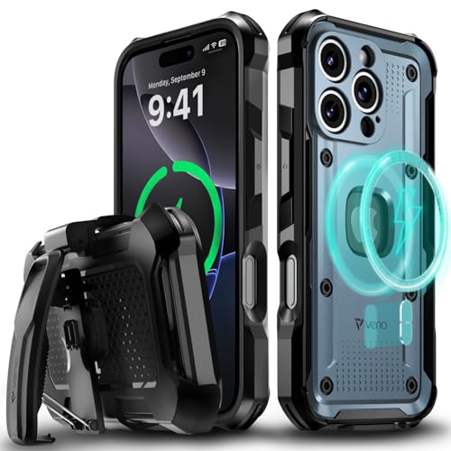 VENA vArmor for iPhone 16 Pro Rugged Case, Blue | Military-Grade Drop Protection, Heavy Duty, Belt Clip Holster, Kickstand, Magsafe Compatible - color: Slate Blue/Black