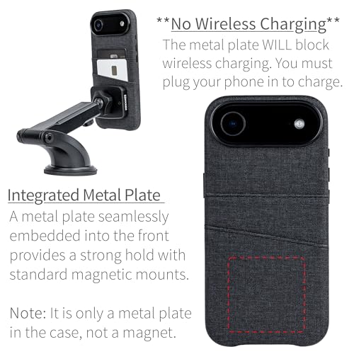 Dockem Card Case for iPhone 17 Air with Magnetic Mounting Plate, Camera Control Button, Wallet with 2 Holder Slots: M2 Luxe Canvas-Style Synthetic Leather (Charcoal Black) - color: Charcoal black, size: 17 Air