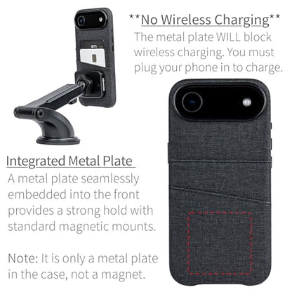 Dockem Card Case for iPhone 17 Air with Magnetic Mounting Plate, Camera Control Button, Wallet with 2 Holder Slots: M2 Luxe Canvas-Style Synthetic Leather (Charcoal Black) - color: Charcoal black, size: 17 Air