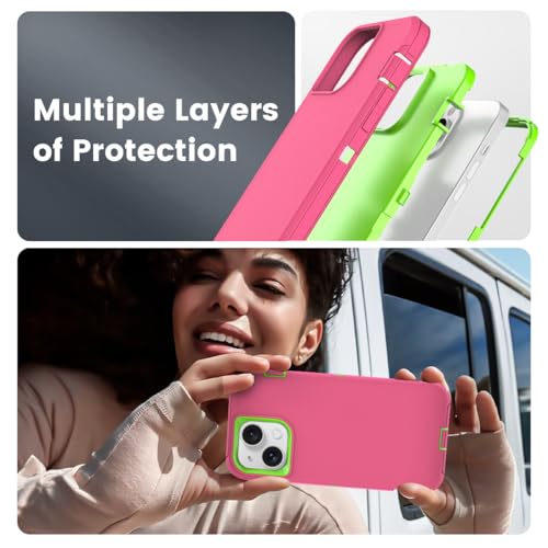 Compatible with iPhone 15, Girl's Dual Layer Shockproof Full Body Cover Military Grade Drop Protection Heavy Duty Phone Case for Apple iPhone 15/14/13 6.1 inch (Rose/Lime) - color: Rose/Lime