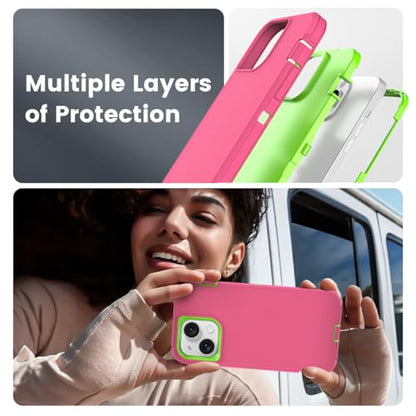 Compatible with iPhone 15, Girl's Dual Layer Shockproof Full Body Cover Military Grade Drop Protection Heavy Duty Phone Case for Apple iPhone 15/14/13 6.1 inch (Rose/Lime) - color: Rose/Lime
