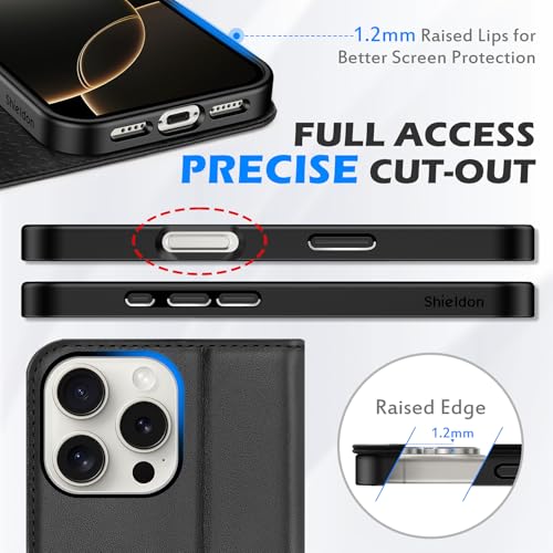 SHIELDON Genuine Leather Wallet Case for iPhone 16 Pro Max 6.9" 2024, Black | Flip Magnetic Cover, Kickstand, RFID Blocking, 3 Credit Card Holder, Book Design, Shockproof, Soft Inner Phone Case - color: Black