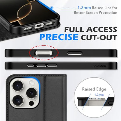 SHIELDON Genuine Leather Wallet Case for iPhone 16 Pro Max 6.9" 2024, Black | Flip Magnetic Cover, Kickstand, RFID Blocking, 3 Credit Card Holder, Book Design, Shockproof, Soft Inner Phone Case - color: Black