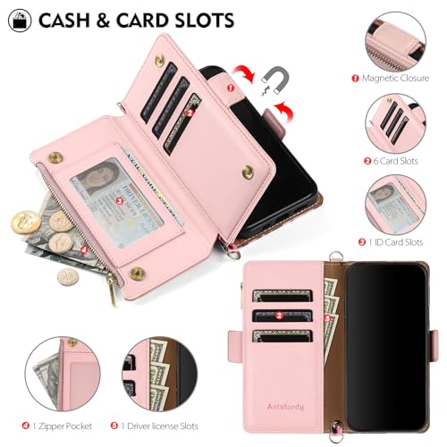 Antsturdy Crossbody Phone Wallet Case for iPhone 15 Pro,Leopard - Pink | RFID Blocking,PU Leather Flip Cover,Kickstand,with Credit Card Holder,Wrist Strap Lanyard & Handbag Purse,for Women & Men - color: (Crossbody) - Leopard-Pink