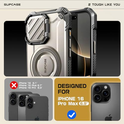 SUPCASE for iPhone 16 Pro Max Case (6.9 inch) with Camera Cover Stand, Grey | Compatible with MagSafe, Camera Control Button, Military-Grade Drop Protection, Heavy Duty Rugged Magnetic Case, UB Mag XT - color: grey