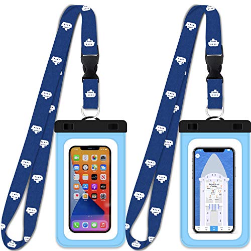 Cruise On Lanyards Waterproof Phone Pouch Dry Case w/Touch Screen for iPhone 15 14 13 12 11 Pro Max XS, Samsung S22+, Pixel 7, Fits Up to 6.5” Screen, Large Floating Holder (2-Pack) Blue