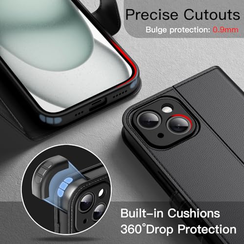 JETech Wallet Case for iPhone 15, Black | Shockproof PU Leather, Card Holder, Magnetic Flip Cover, Stand Feature, Full Camera Protection - color: Black