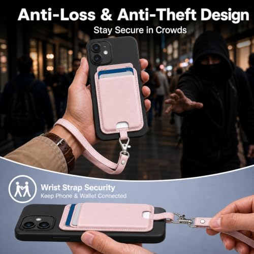 MagSafe Wallet with Wrist Strap, 3 Card Holder with RFID Blocking, MagSafe Sticker Included, Slim Magnetic Phone Wallet for iPhone 17e/17/16/15/14/13/12 Series and Selected Samsung Devices - color: Pink