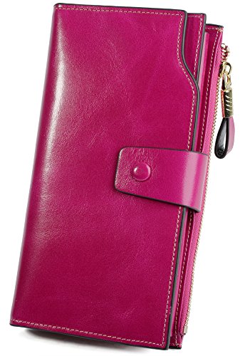 YALUXE Women's Real Leather Wallet RFID Protect 21 Card Slots Phone Pocket - color: 7- Waxed Pink, size: Genuine Leather