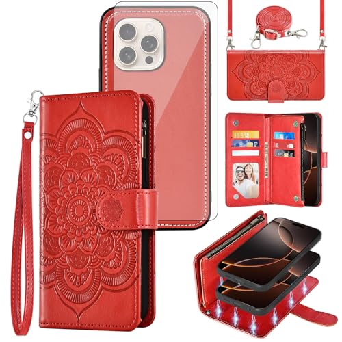 Asuwish Phone Case for iPhone 16 Pro 6.3 inch Zipper Wallet Magnetic Detachable Cell Cover with Tempered Glass Screen Protector Crossbody Lanyard Strap Flower Card Holder i Phone16 i16 16Pro Women Red - color: Red