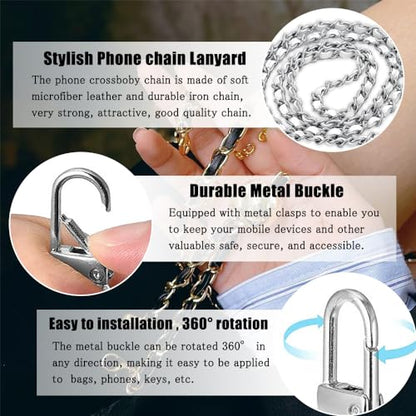 Phone Crossbody Chain Cell Phone Lanyard,Leather+Metal Shouder Strap Universal Cellphone Chain Strap with Tether Patches Compatible with Most Phones Bag Purse Silver+White - color: B