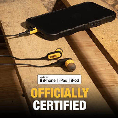 DEWALT Heavy Duty Earphones for Lightning, Compatible w/Apple iPhone Headphones Wired, Jobsite Water-Resistant for iPhone Headphones Wired Lightning, Corded Earphones for iPhones 14 and Older