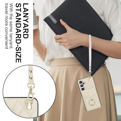 Asuwish Phone Case for Samsung Galaxy S24 5G Wallet Cover with Tempered Glass Screen Protector and Crossbody Wrist Strap Ring Stand RFID Blocking Card Holder Cell S 24 24S G5 Women Men Girls Off White - color: Off White