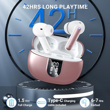 Wireless Earbuds, 2024 Wireless Headphones HiFi Stereo Earphones with 4 ENC Noise Canceling Mic, 42Hs Playtime In Ear Earbud, Bluetooth 5.3 Sport Earphones with LED Power Display for Android iOS Pink - color: pink gold