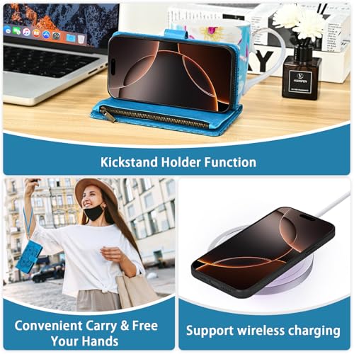Asuwish Phone Case for iPhone 16 Pro 6.3 inch Zipper Wallet Magnetic Detachable Cell Cover with Tempered Glass Screen Protector Crossbody Strap Flower Card Holder i Phone16 i16 16Pro Women Girls Blue - color: Blue