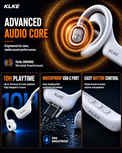 Bone Conduction Headphones for Running with mic and Rear Safety Light - color: KLKE-White