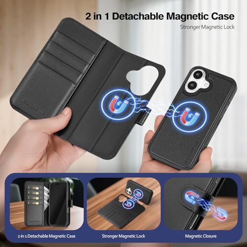 Magnetic 2 in 1 Detachable Compatible with Magsafe iPhone 16 Genuine Wallet Case with Card Holder,Women Men Real Leather Flip RFID Blocking Credit Card Slots Stand Phone Cover,Black - color: Black, size: iPhone 16 - 6.1"
