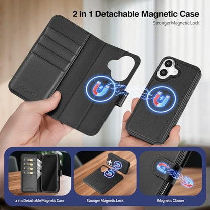 Magnetic 2 in 1 Detachable Compatible with Magsafe iPhone 16 Genuine Wallet Case with Card Holder,Women Men Real Leather Flip RFID Blocking Credit Card Slots Stand Phone Cover,Black - color: Black, size: iPhone 16 - 6.1"