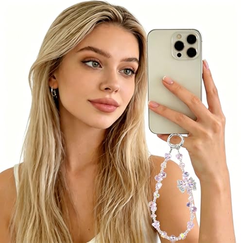 Rhinestone Bead Phone Charm for Women, Butterfly Bow Beaded Wrist Strap Lanyard with Tether Tab – Anti-Theft Hands-Free Detachable Phone Chain Wristlet - color: Rhinestone Butterfly Pink Bow Beads