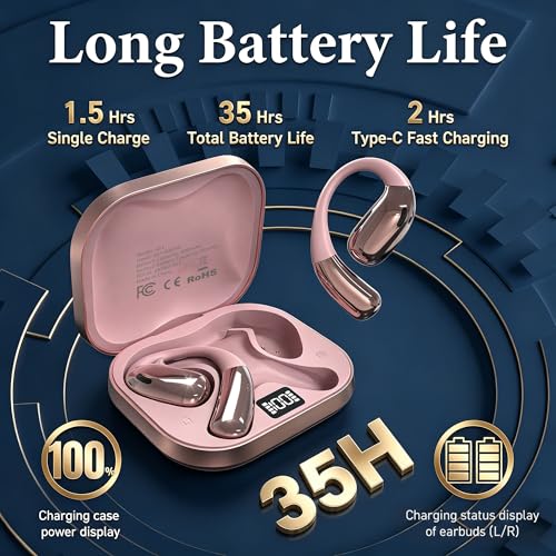 Open Ear Headphones, Wireless Headphones with Smart Digital Display & Mic - color: Rose Gold