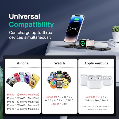Travel Essentials for Apple Watch Charger,3 in 1 Charging Station for Apple Devices,Foldable Wireless Charging Station for iPhone 17/16/15/14/13/12, Apple Watch & AirPods with Magsafe Charger Stand - color: Matte Black