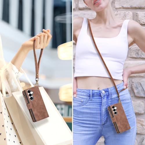 for Samsung Galaxy S26-Wallet Case: with RFID Blocking Card Slots (6 Cards) | Soft PU Leather Magnetic Snap Zipper Pocket | Crossbody Wrist Strap Protective Phone Cover - Brown - color: A Brown, size: Galaxy S26（6.3‘’）