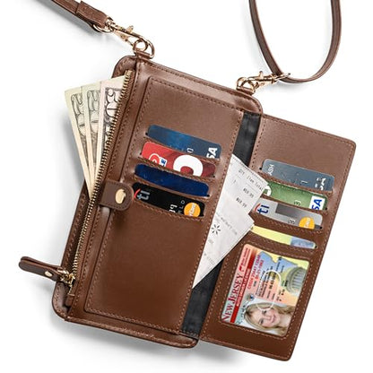Crossbody Phone Purse for Women – RFID Phone Case Wallet w/Magnetic Closure & Separate Zipper Pocket Crossbody Bag - color: Dark Brown