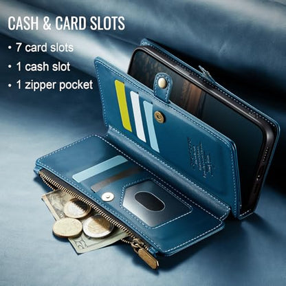 Defencase for iPhone 13 Wallet Case with RFID Blocking Card Holder, Blue | Durable Soft PU Leather, with Zipper Pocket, Wrist Strap, Fashion Snap Flip Phone Cases Cover with Stand for Women and Men - color: Dark Blue