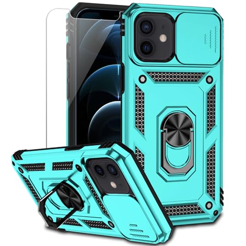 for iPhone 12 Mini Case with Camera Lens Cover HD Screen Protector, Dual Layer Military Grade Drop Protection Magnetic Ring Holder Kickstand Protective Phone Case for iPhone 12 Mini 5.4 inch (Mint) - color: Mint with camera cover Military-Grade 2nd gen